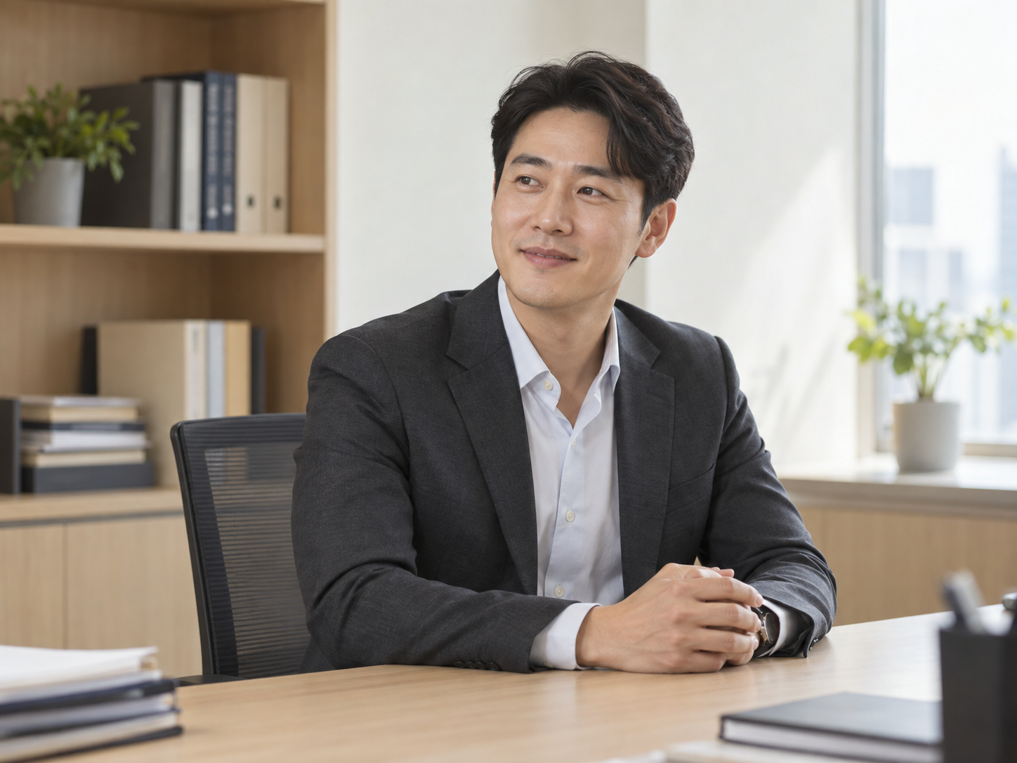 차분한 한국 사무실에서 상담을 준비하는 남성 전문인 이미지